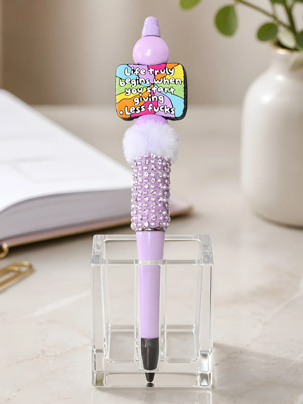 Handcrafted Lavender Pom Pom Rhinestone Pen with Rainbow Quote Charm
